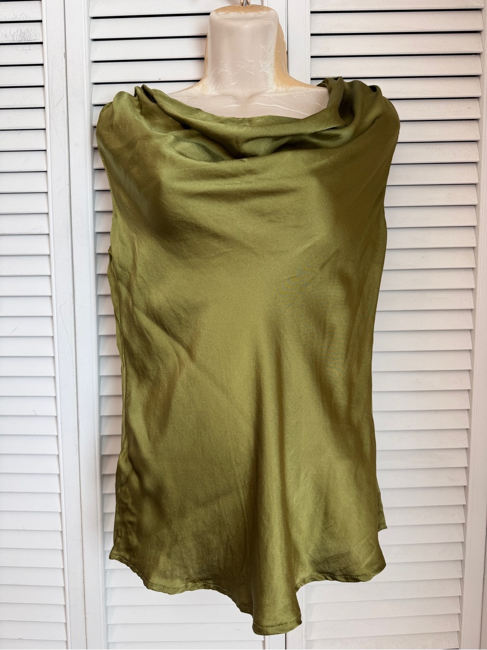 VTG 90s Y2K Silk Cowl Neck Sleeveless Top Small Olive Green